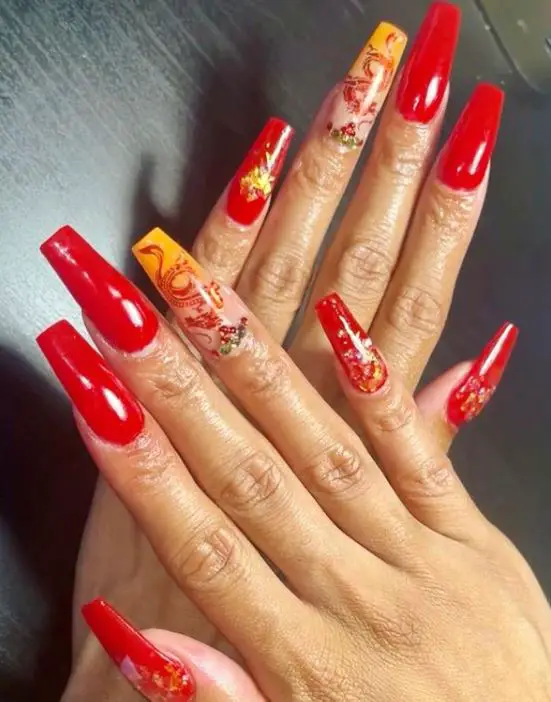 Red Coffin Nails With Dragon Designs