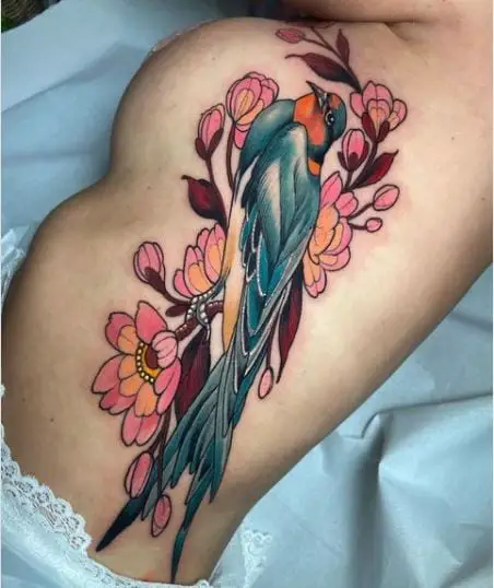 Colorful Bird and Flowers Tattoo Art