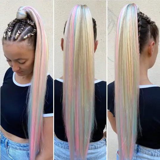 Colorful Blonde Cornrows Swoop Pony