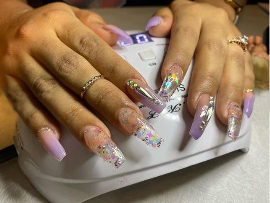 Purple Nails with Crystal Rhinestones and Star-Shaped Decals