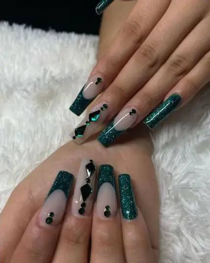 Emerald Green and Nude Nails with Accessories