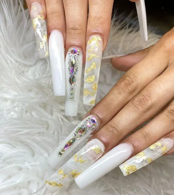 Extra Long White Nails with Rhinestones 