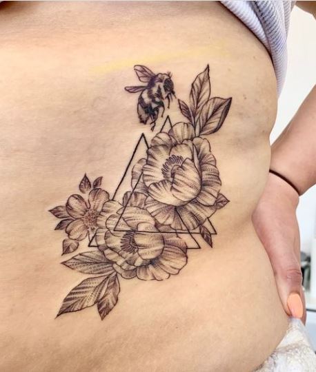 Floral Bee and Triangle Stencil Style Tattoo