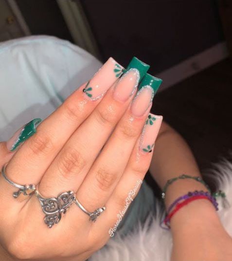 Floral Nude Emerald Green Nails