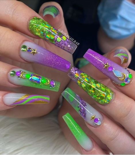 Green and Purple Manicure For Long Nails