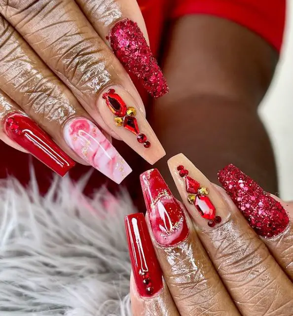 Hot Red Marble Nails