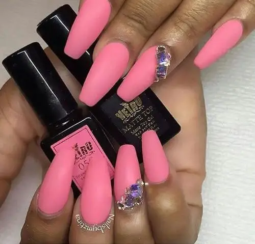 Hot Pink Matte Nails With Gem Stones