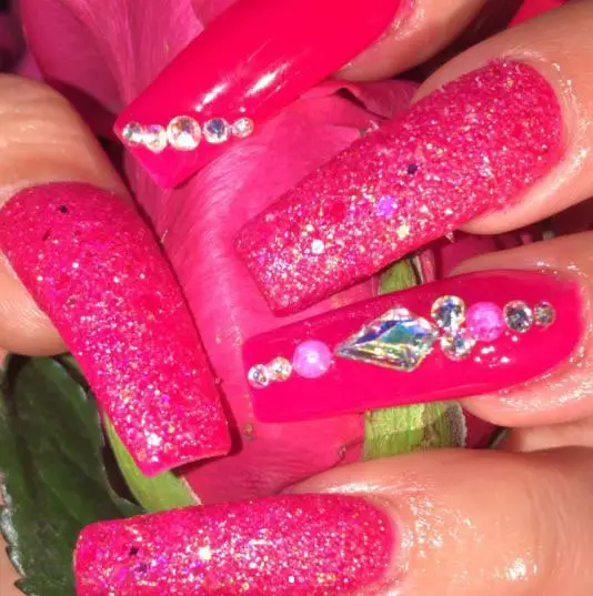 Hot Pink Nail Design With Pink Glitter