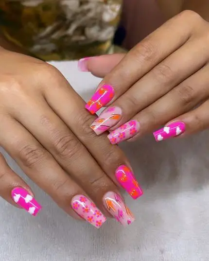 Hot Pink Nails with Colorful Patterns