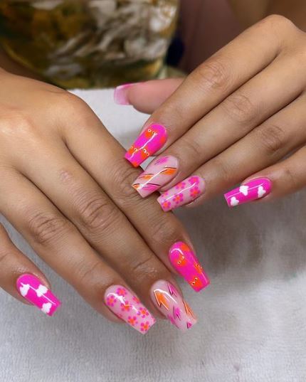 Hot Pink Nails with Colorful Patterns