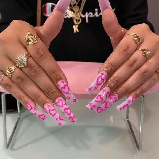 Hot Pink Nails with Heart and Cross Design