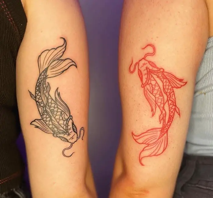 Koi Fish Sister Tattoos in black and red