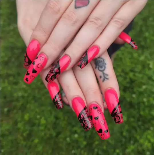 Lace and hearts hot pink nails