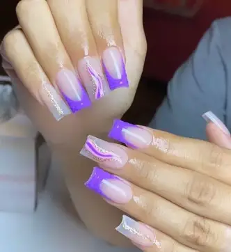Coral and light purple French tips with flowers