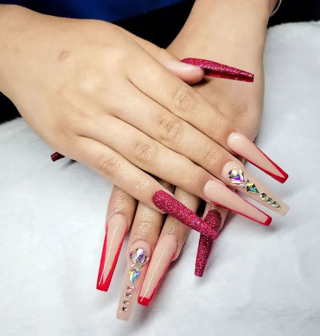 Long Red Coffin Mani with Jewels