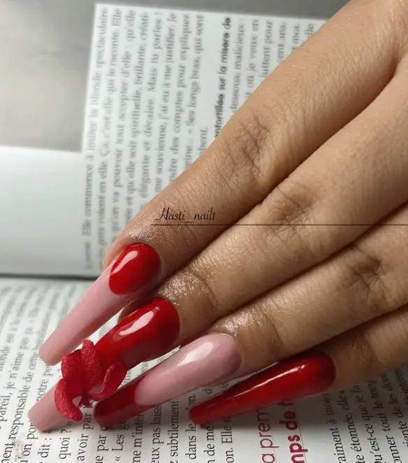 Long Red Coffin Nails with Roses