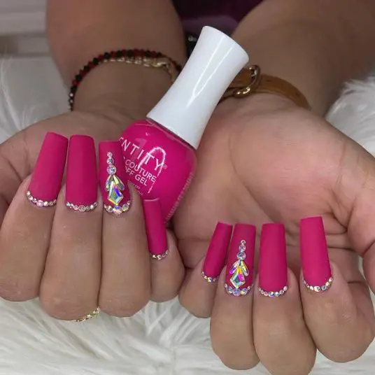 Long Pink Nails With Silver Stones and Rhinestones