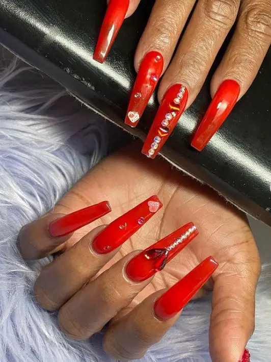 Long Red Coffin Nails with Stones