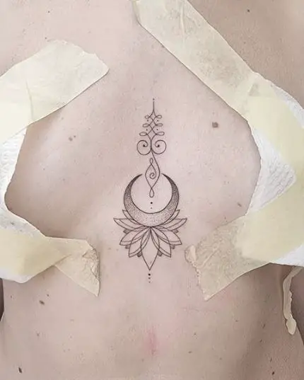 Lotus Moon Tattoo On Sternum