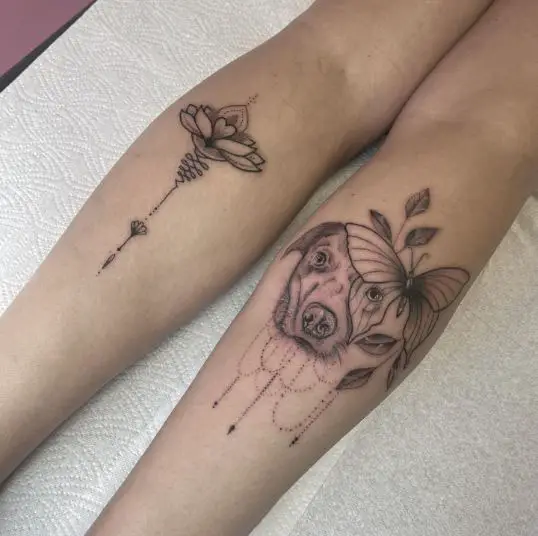 Lotus Tattoo On Left Calf and Dog Tattoo On Right Calf