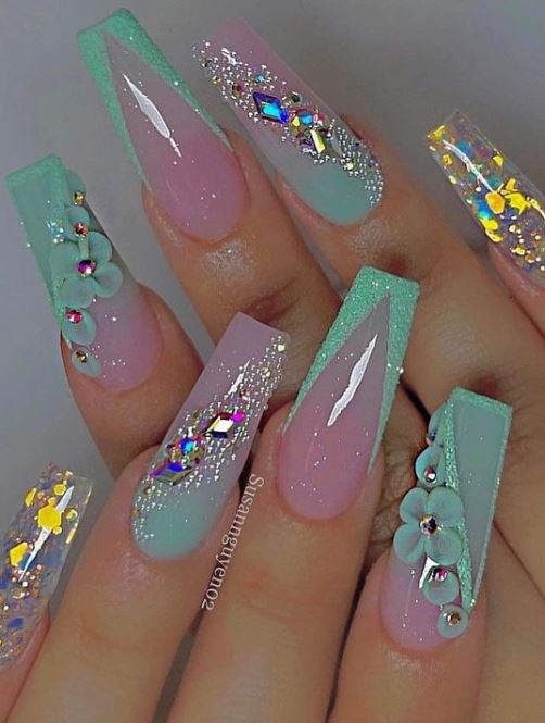 Mint Green and Pink Nails