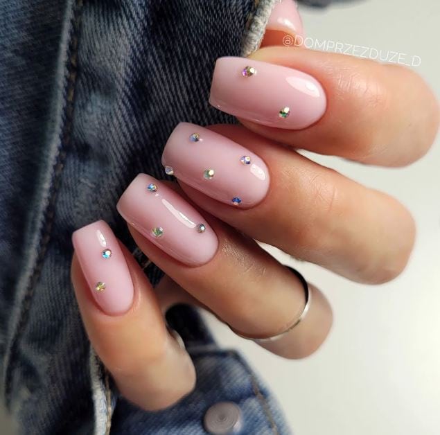 Neutral Pink Nails with Small Diamonds