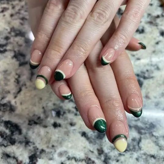 Nude Nails with Green and Yellow Tips
