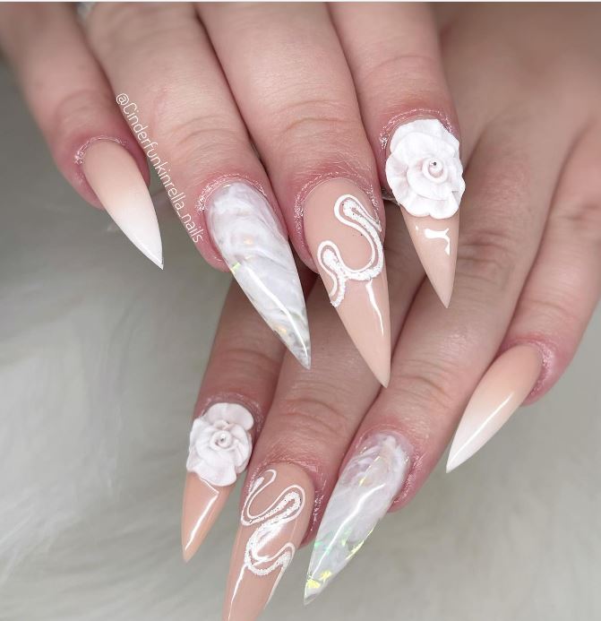 Nude and White Stiletto Nails