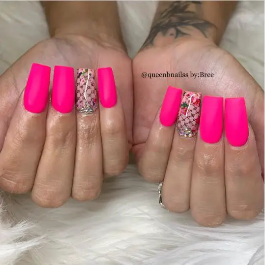 Pink Matte Nails With Gucci Design