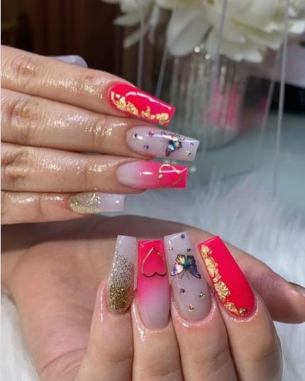 Pink Nails With Butterfly and Heart Designs