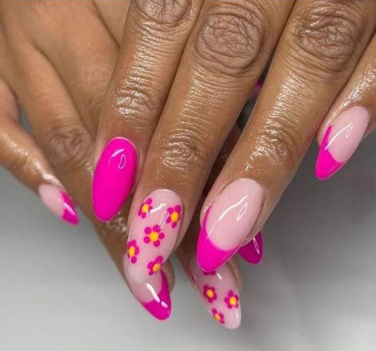 Pink Nails With Two Shades of Pink With A Cute Flower
