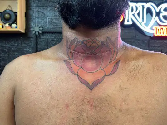 Pink and Orange Lotus Flower Tattoo On Neck