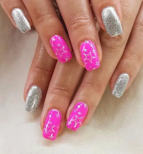 Pink and Silver Nails With Cute Stars
