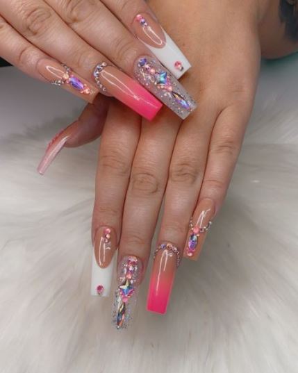 Pink colorful Swarovski crystals nails