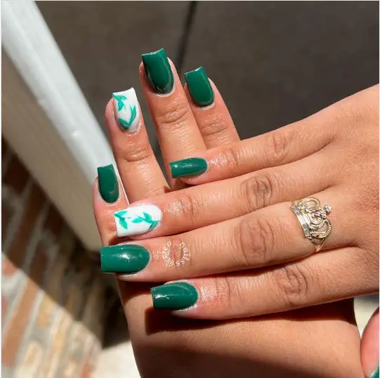 Pure Emerald Green With Floral Nail Design