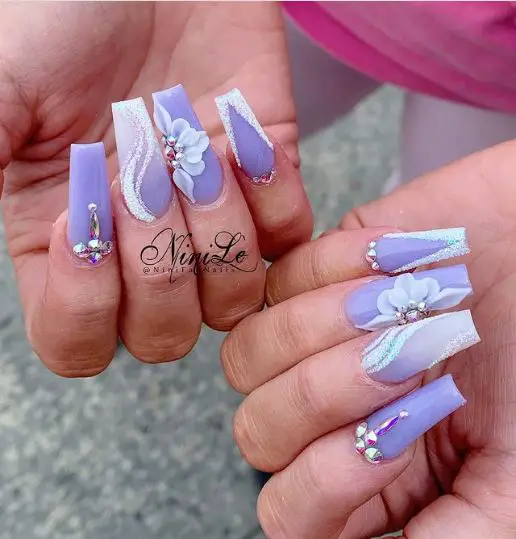 Purple Flower and Rhinestone Nails