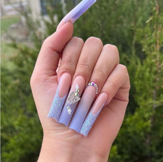 Purple Nails With Butterfly Charms