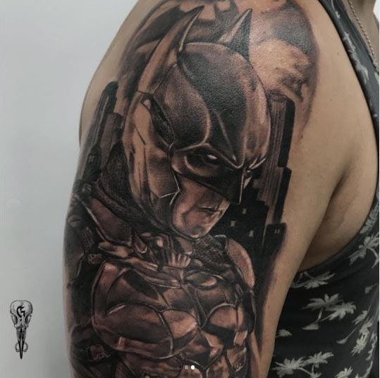 Realistic Black Inked Batman Tattoo