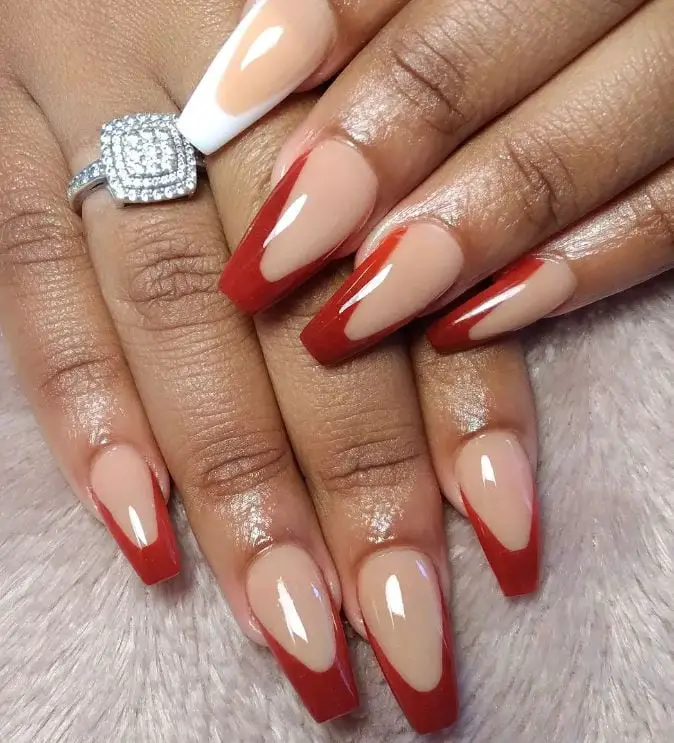 Red Coffin Nails with French Tips