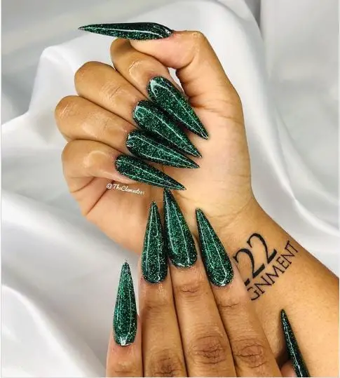 Stiletto Glitter Emerald Green Nails