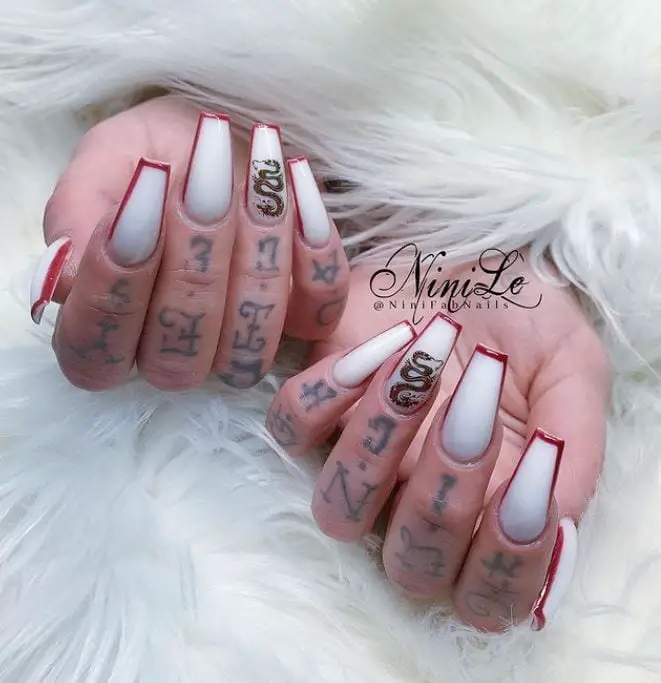 White Coffin Nail Design with Red Tips