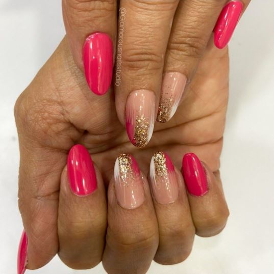 White, Gold, and Pink Short Almond Nails