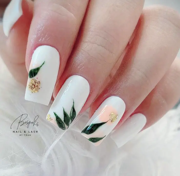 White Nail Designs With Leaves