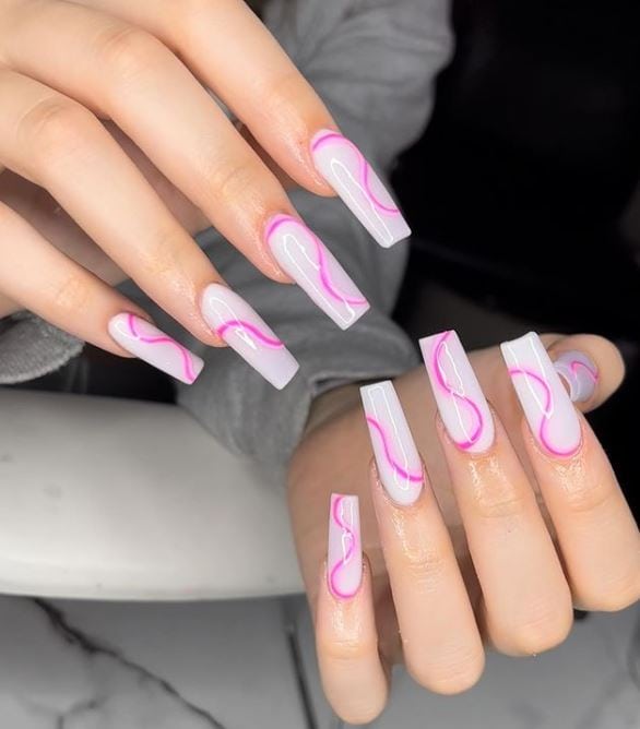 White Nails With Pink Swirls