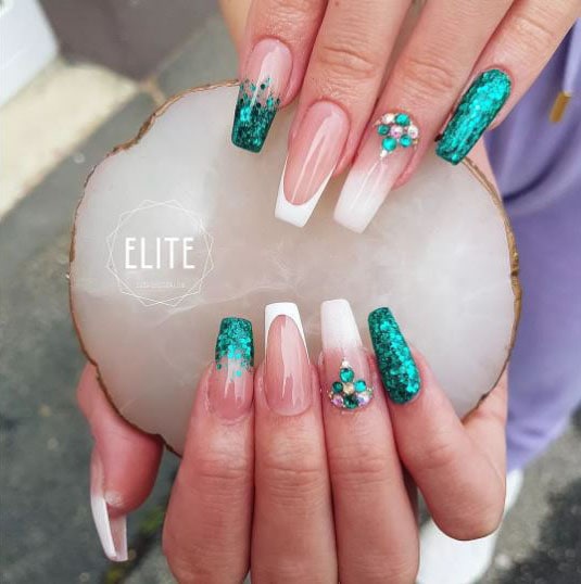 White Nude and Emerald Green Rhinestones Nails