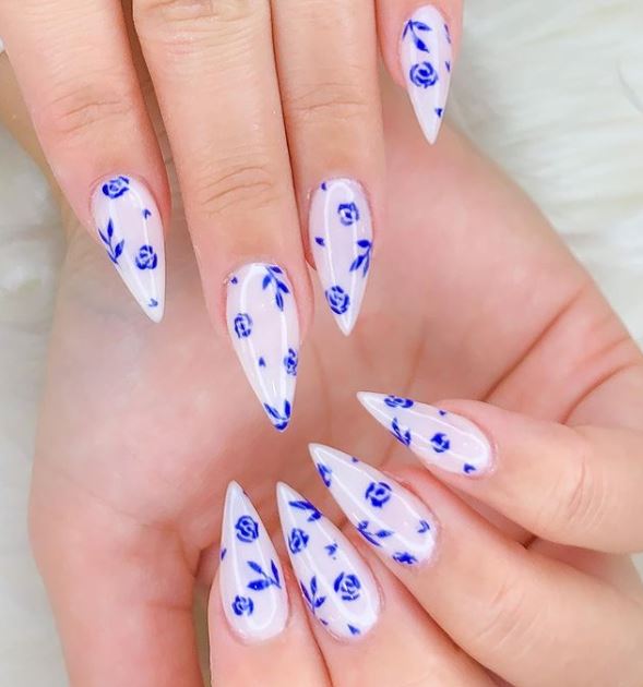 White and Blue Stiletto Nails