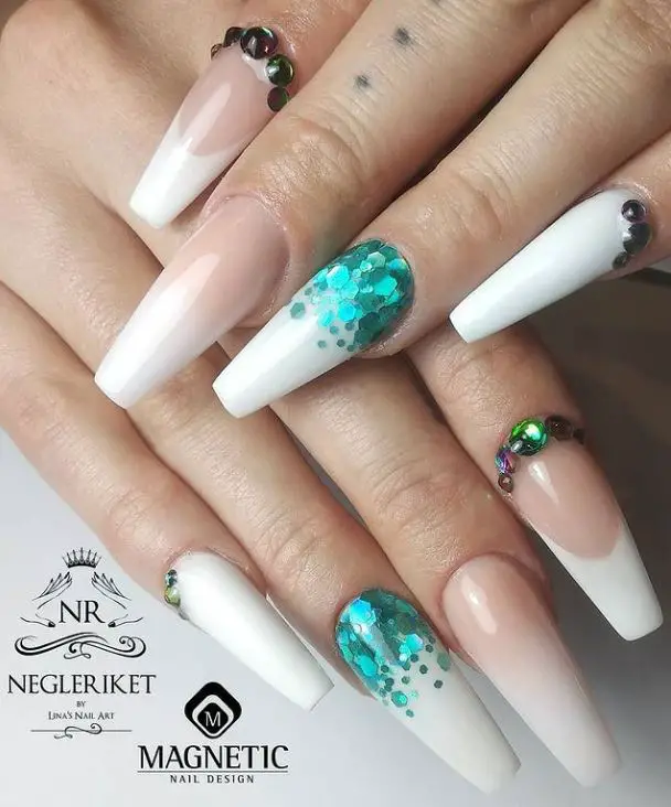 White and Turquoise Nail Art