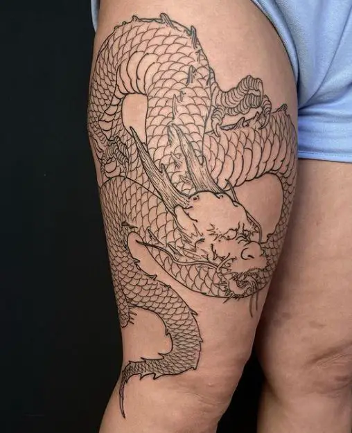 black line work dragon tattoo