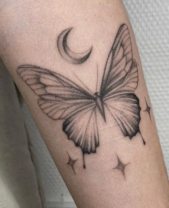 butterfly and moon tattoo with stars