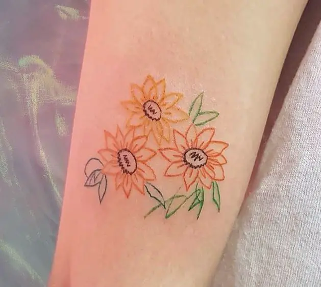 coloured line work sunflower tattoo
